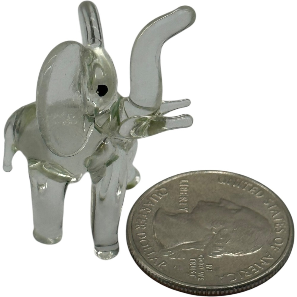 Hand Blown Glass Elephant Figurine Miniature Clear Trunk Up Collectible EX